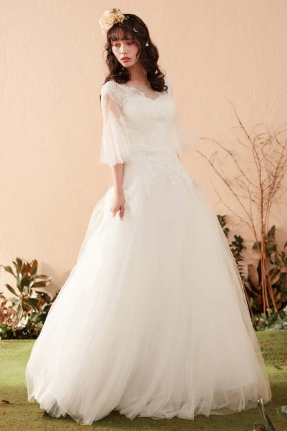 Romantic A-Line Wedding Dress with Illusion Neckline and Bell Sleeves