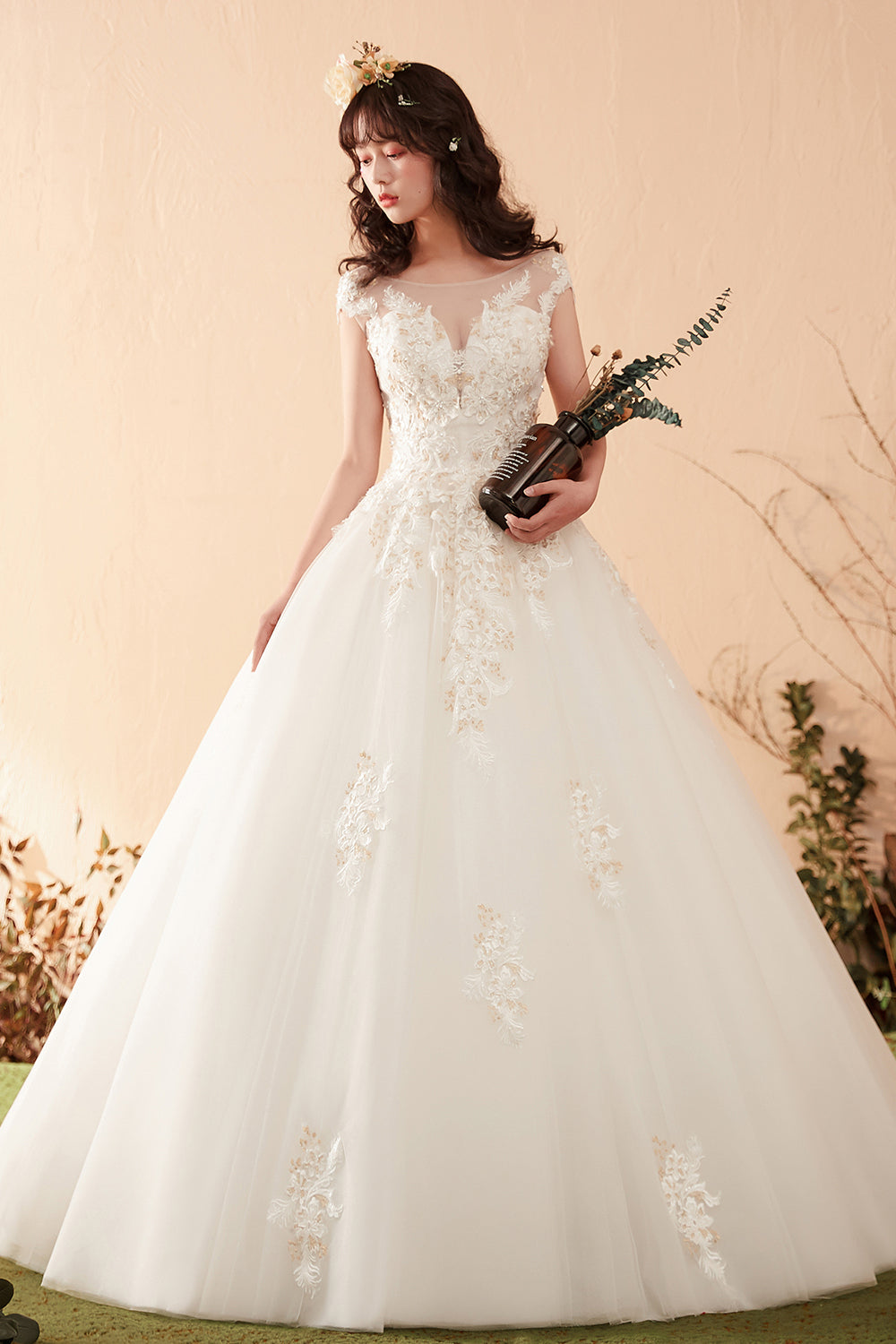 Elegant Floral Lace Ball Gown Wedding Dress with Illusion Neckline