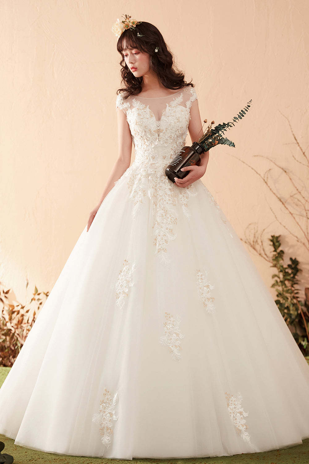 Elegant Floral Lace Ball Gown Wedding Dress with Illusion Neckline