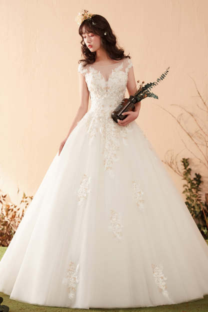 Elegant Floral Lace Ball Gown Wedding Dress with Illusion Neckline