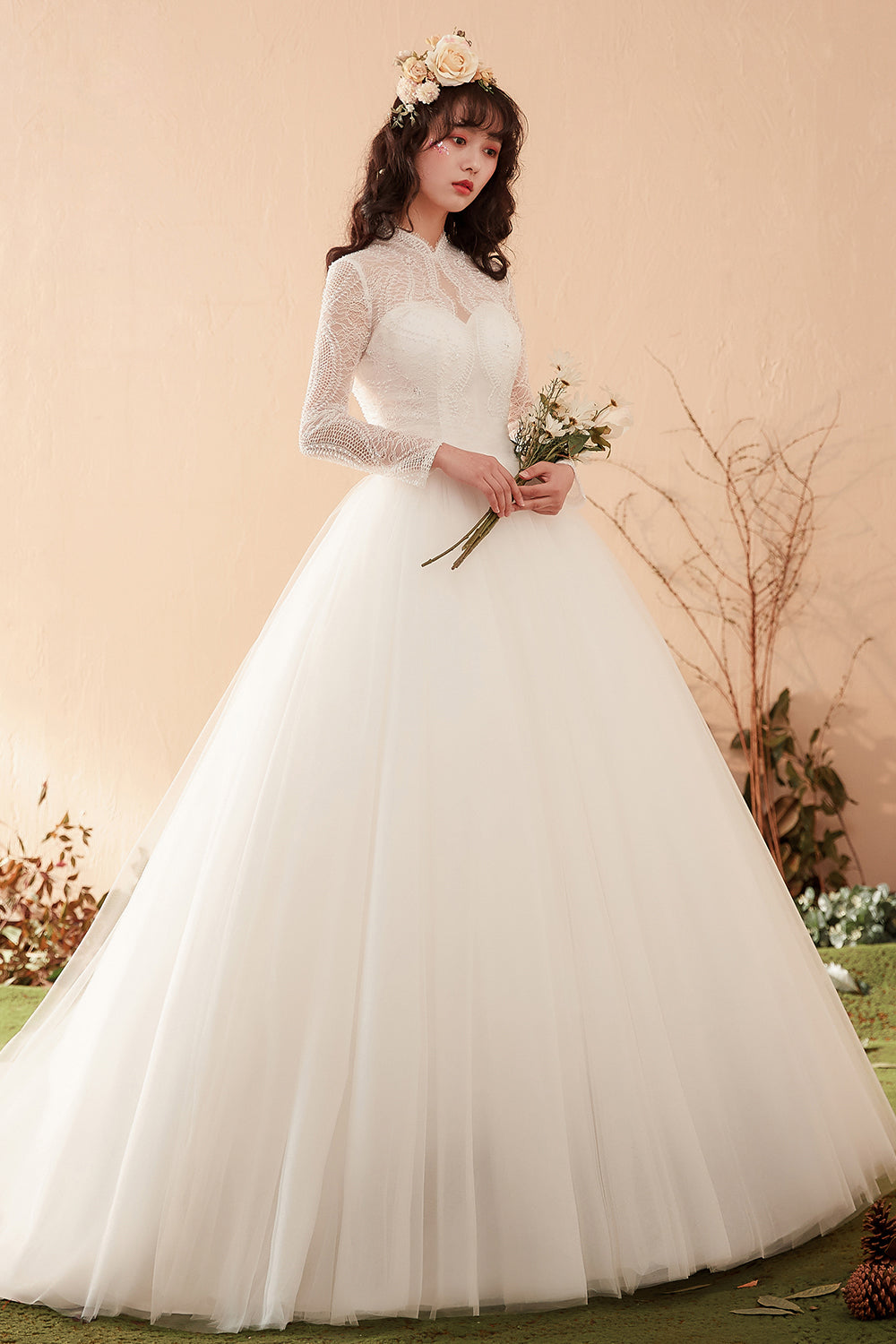 Timeless Graceful High-Neck Lace Bridal Gown with Long Sleeves