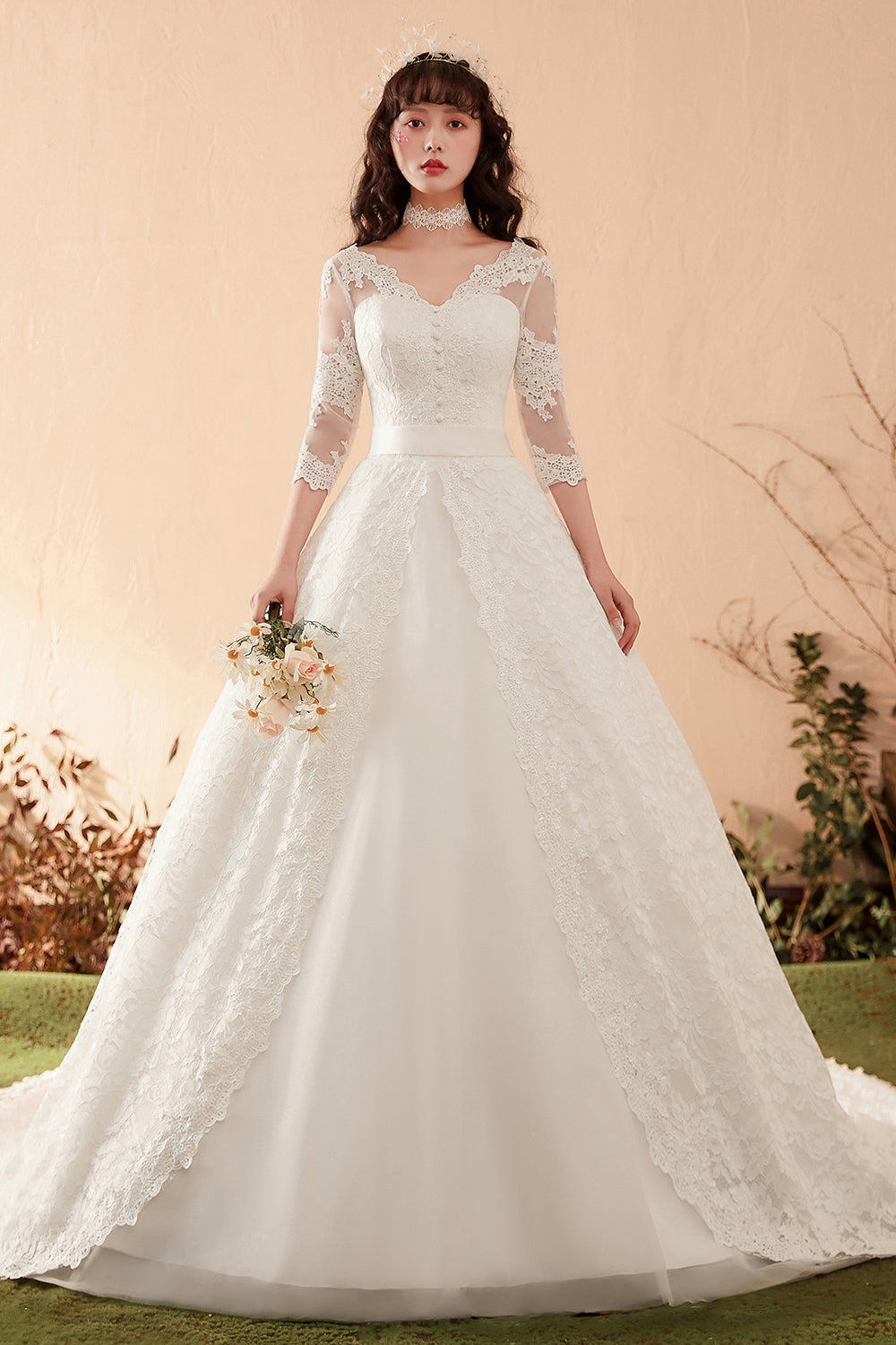 Graceful Lace Overlay A-Line Wedding Dress with 3/4 Sleeves