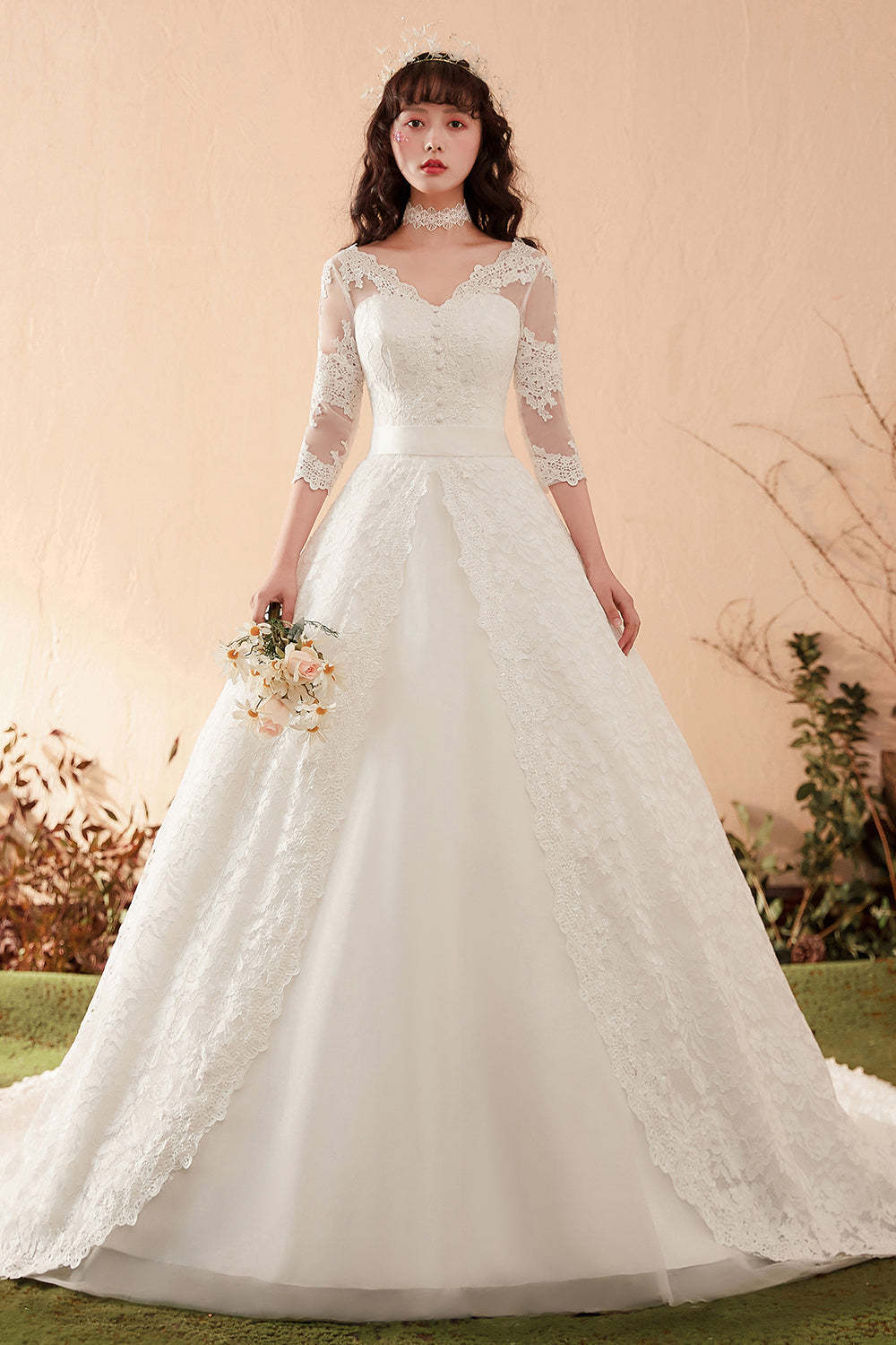 Lindonoiva Women Graceful Lace Overlay A-Line Wedding Dress with 3/4 Sleeves