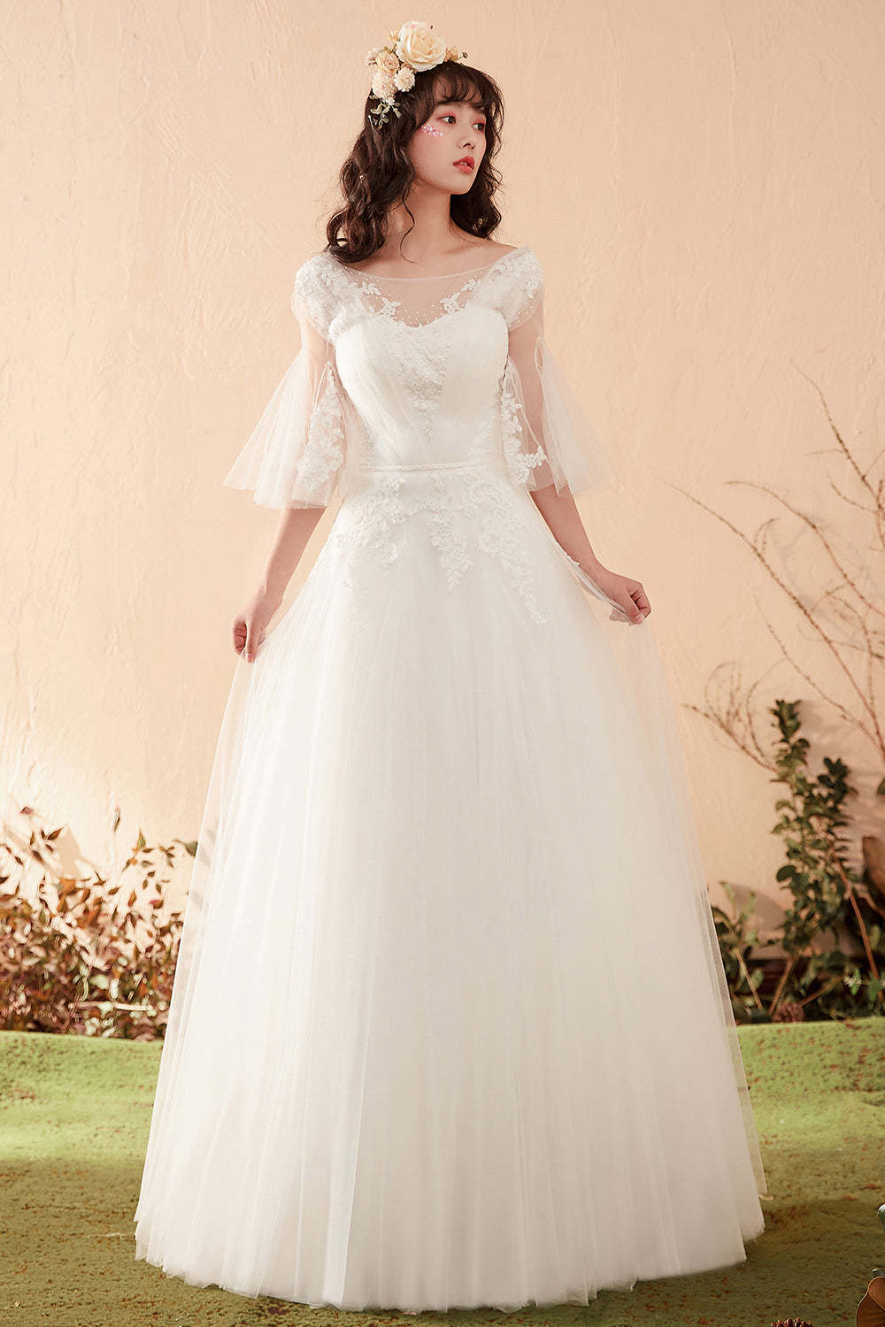 Romantic A-Line Wedding Dress with Illusion Neckline and Bell Sleeves