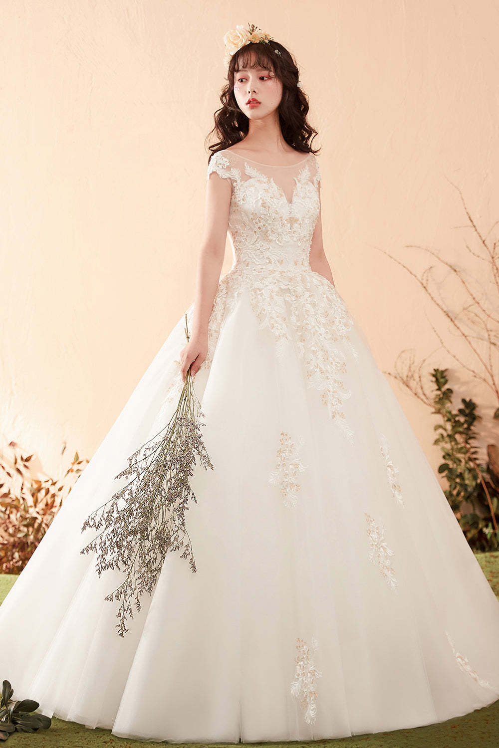 Elegant Floral Lace Ball Gown Wedding Dress with Illusion Neckline