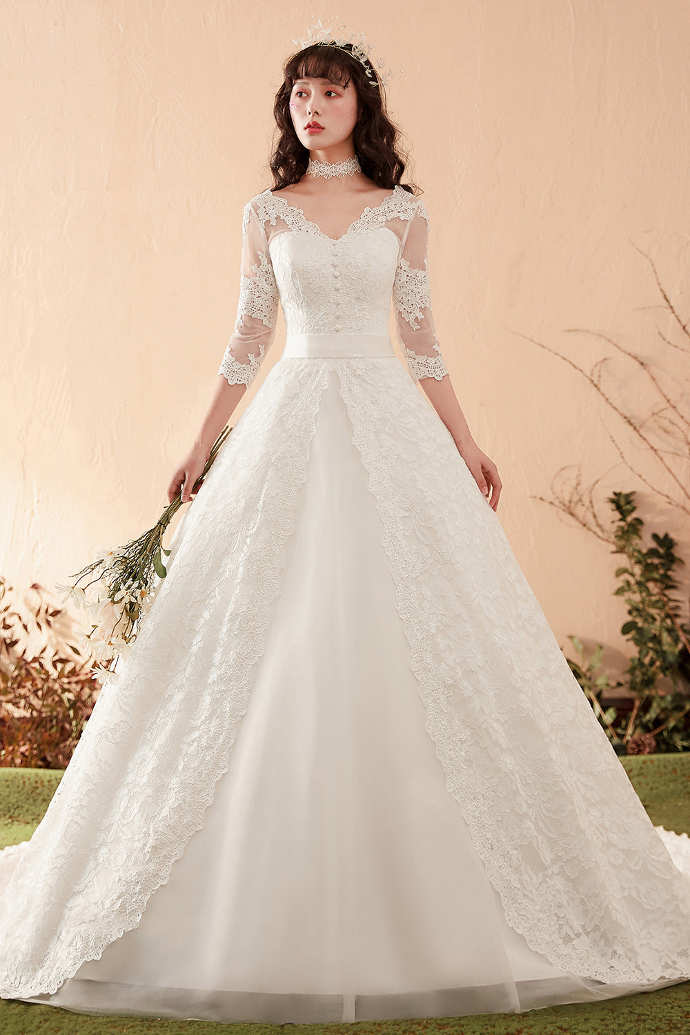 Graceful Lace Overlay A-Line Wedding Dress with 3/4 Sleeves