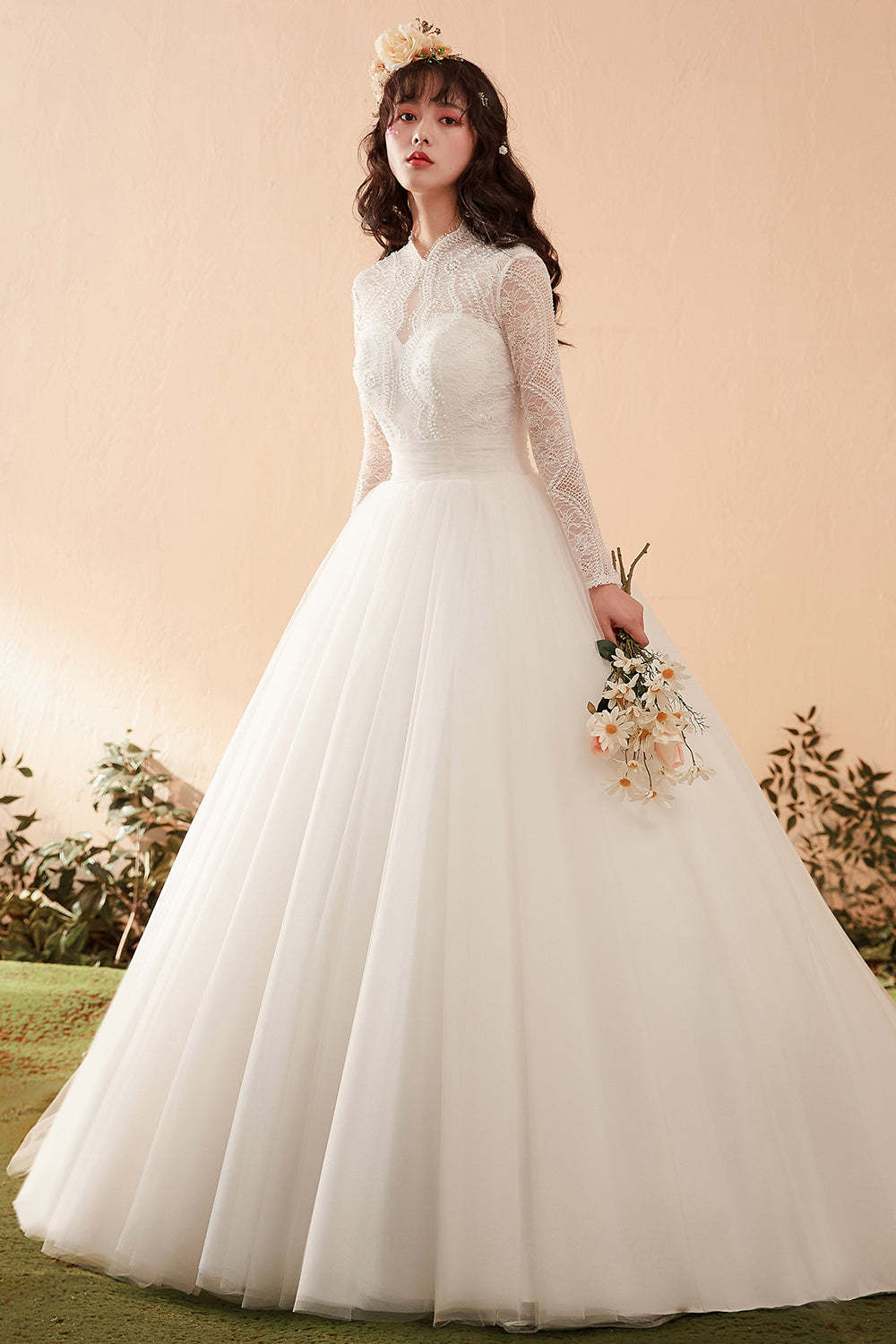 Timeless Graceful High-Neck Lace Bridal Gown with Long Sleeves