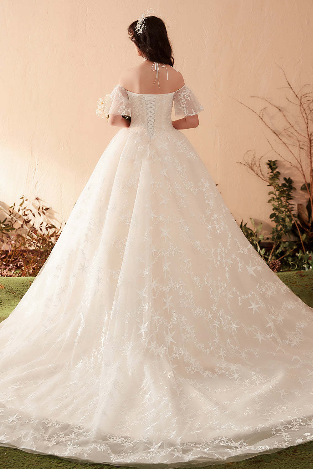 Ethereal Off-Shoulder Ball Gown Wedding Dress with Starry Embroidery
