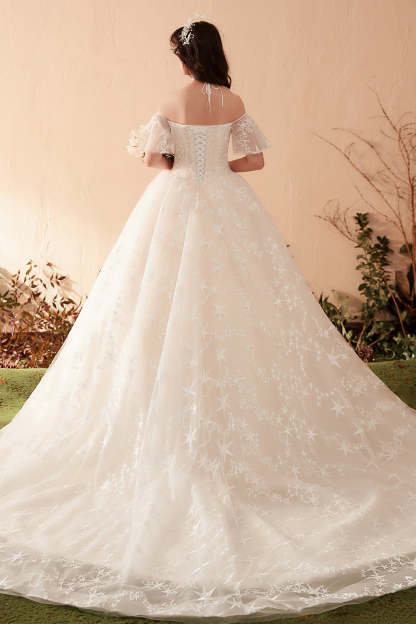 Ethereal Off-Shoulder Ball Gown Wedding Dress with Starry Embroidery