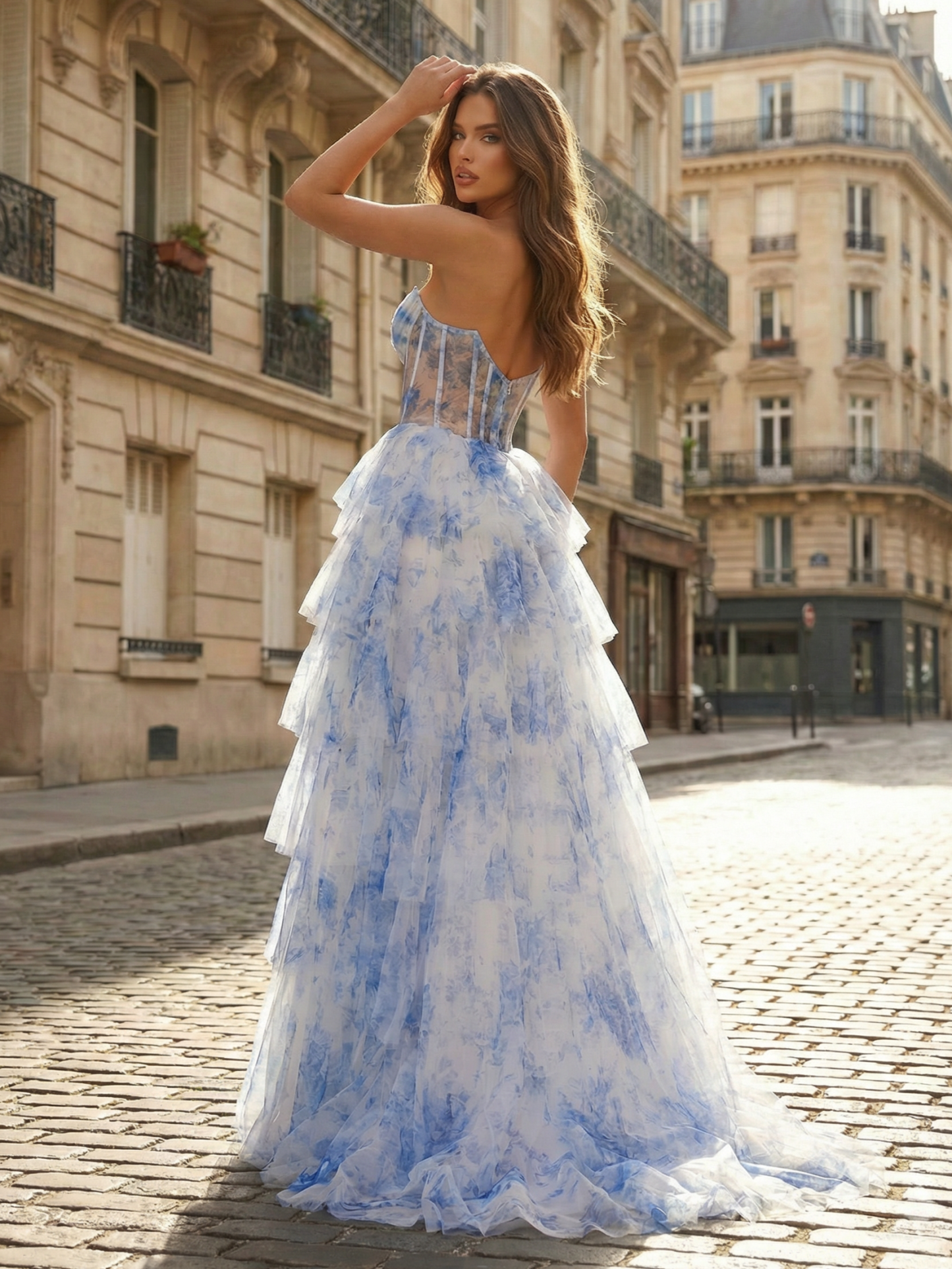 Blue A-Line Floral Print Strapless Tiered Ruffle Gown with Side Slit