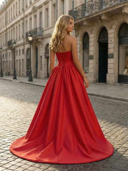 Red A-line Satin Strapless Prom Dresss 