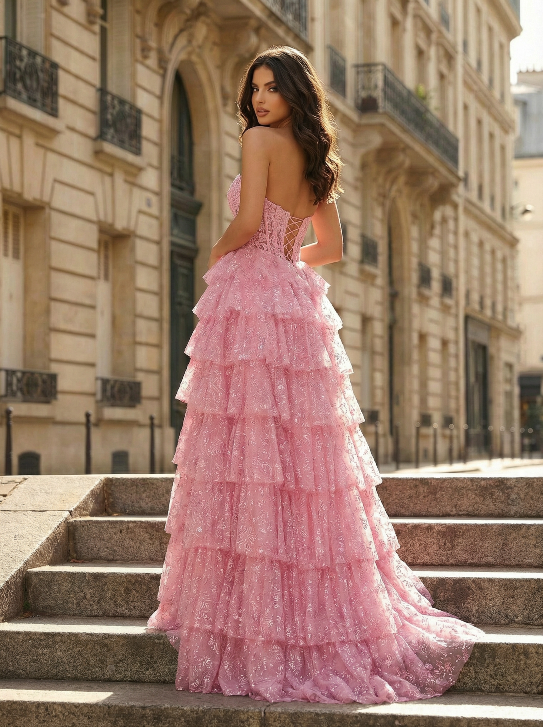 Pink Sequin Layered Ruffled Mermaid Prom Dress with Slit