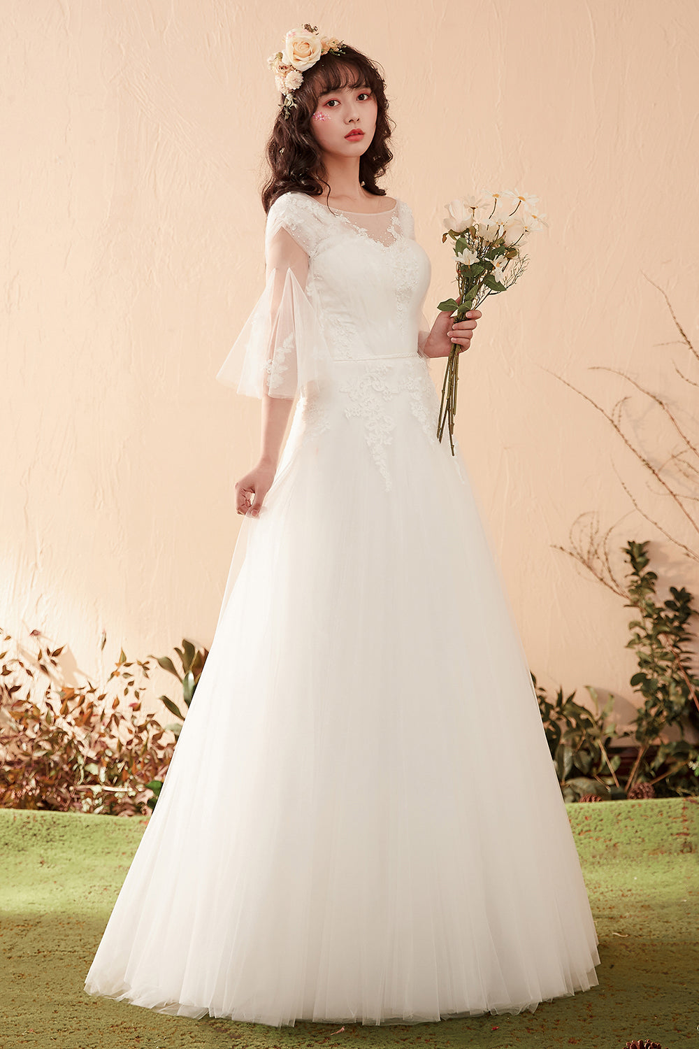 Romantic A-Line Wedding Dress with Illusion Neckline and Bell Sleeves