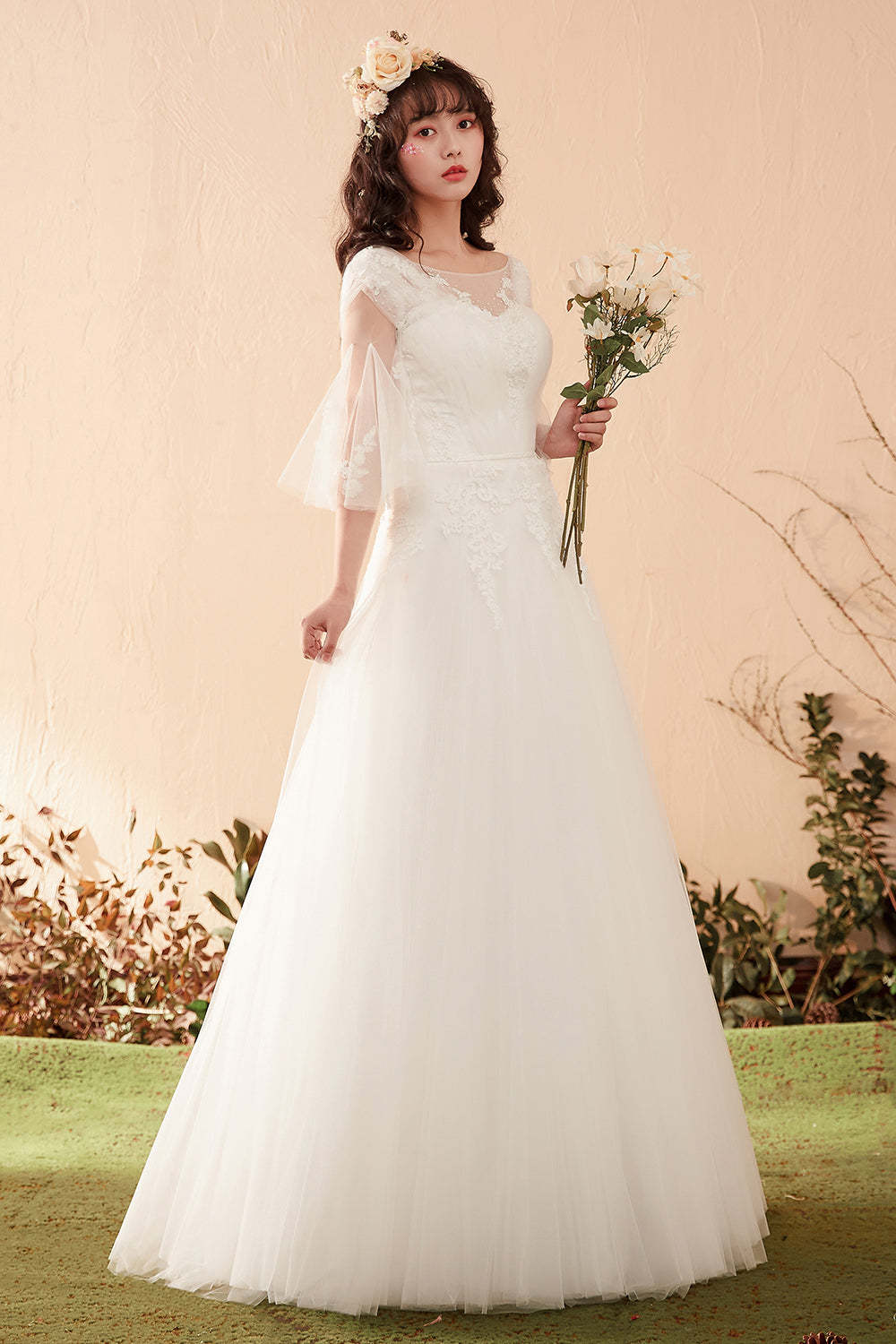 Lindonoiva Women Romantic A-Line Wedding Dress with Illusion Neckline and Bell Sleeves