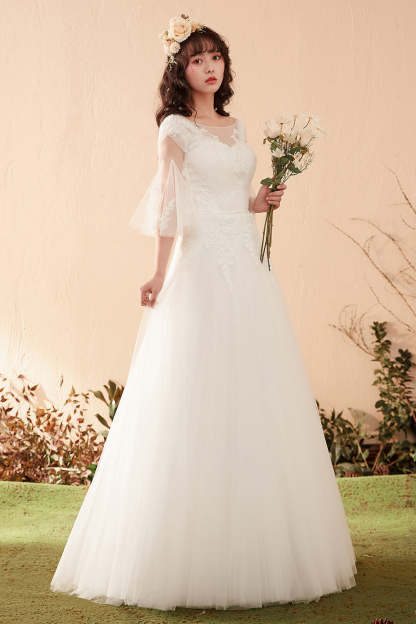 Romantic A-Line Wedding Dress with Illusion Neckline and Bell Sleeves