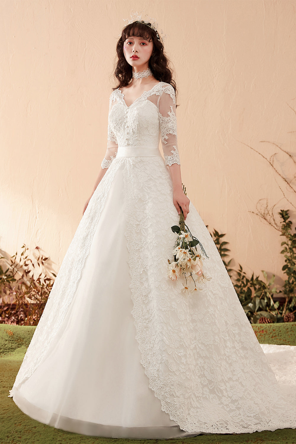 Graceful Lace Overlay A-Line Wedding Dress with 3/4 Sleeves