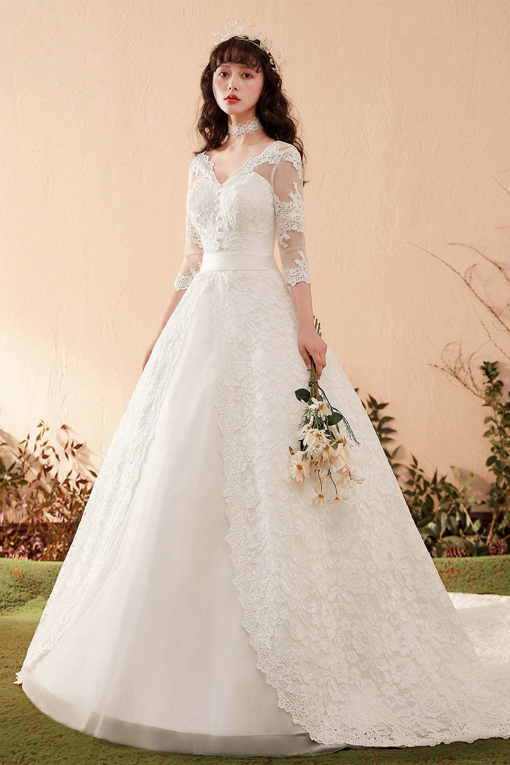 Graceful Lace Overlay A-Line Wedding Dress with 3/4 Sleeves