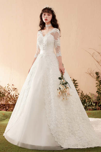 Graceful Lace Overlay A-Line Wedding Dress with 3/4 Sleeves