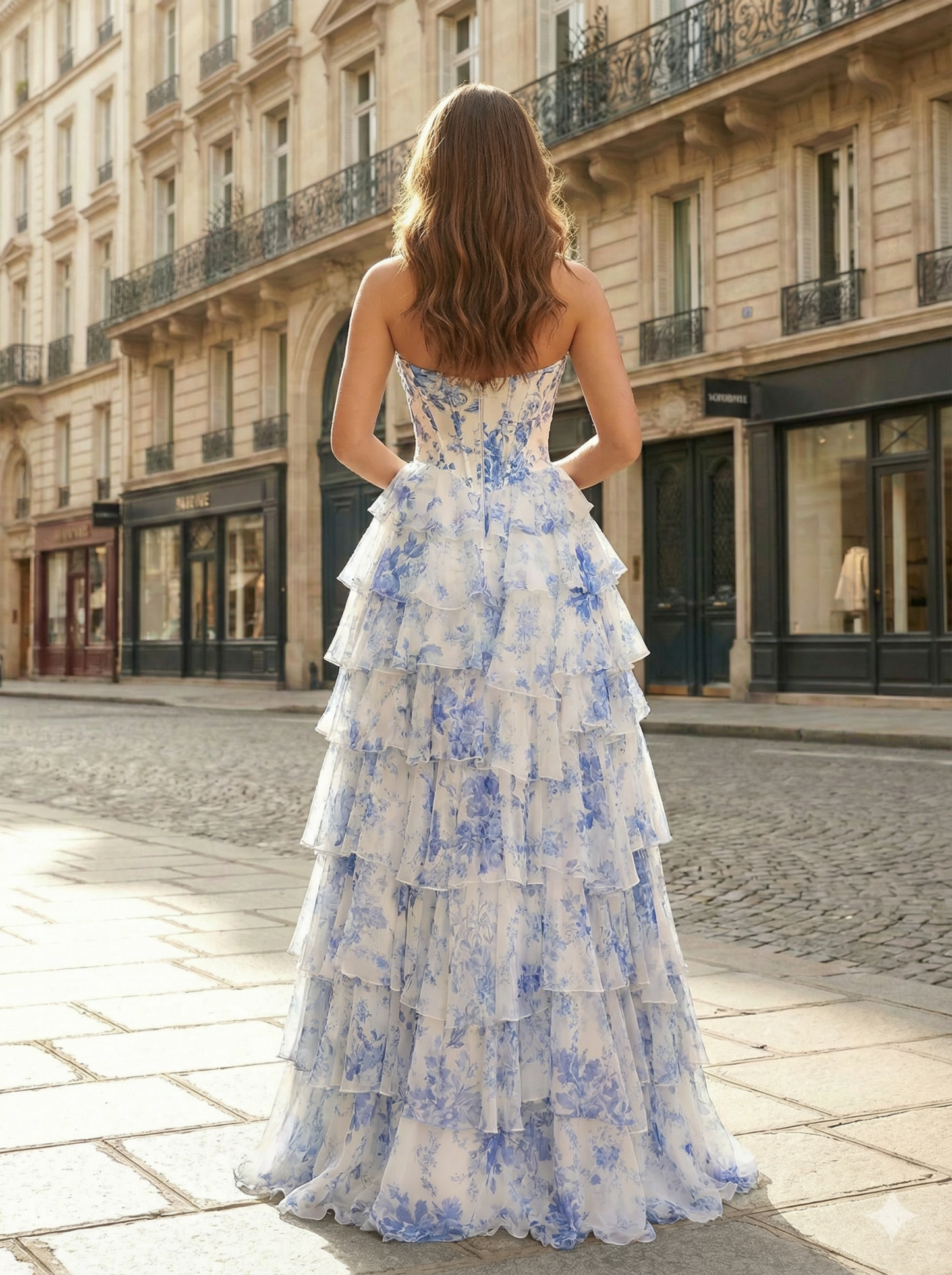 Blue A-Line Floral Print Strapless Tiered Ruffle Gown with Side Slit