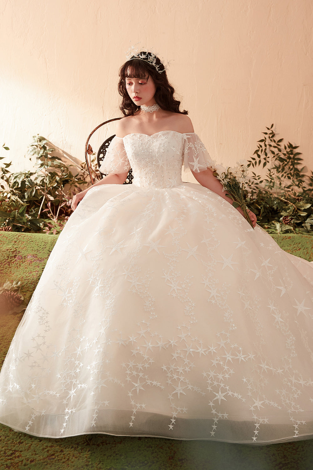 Ethereal Off-Shoulder Ball Gown Wedding Dress with Starry Embroidery