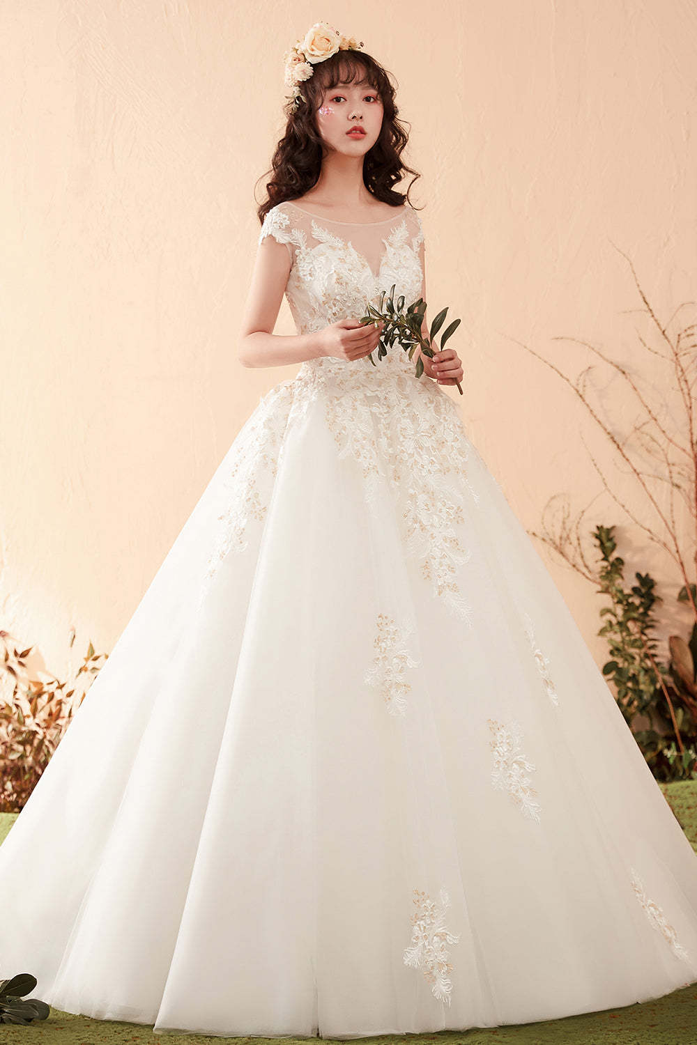 Elegant Floral Lace Ball Gown Wedding Dress with Illusion Neckline