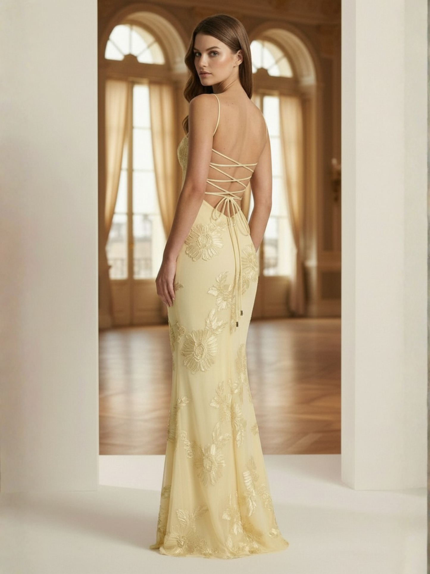 Yellow Spaghetti Straps Mermaid Long Prom Dresses With Floral Embroidery