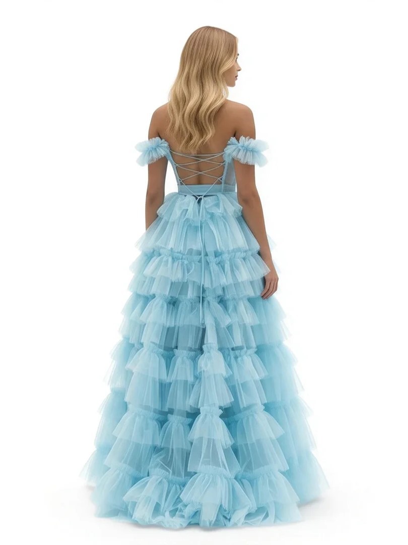 Blue Off the Shoulder Ruffle Tiered Tulle Long Prom Dresses with Slit