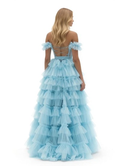 Blue Off the Shoulder Ruffle Tiered Tulle Long Prom Dresses with Slit