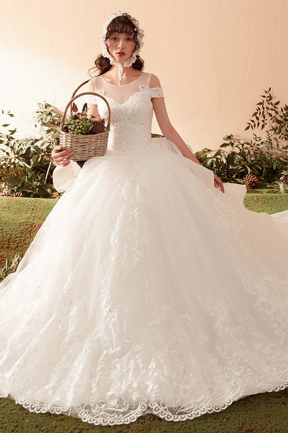 Elegant Off-Shoulder A-Line Wedding Gown with Lace Embroidery