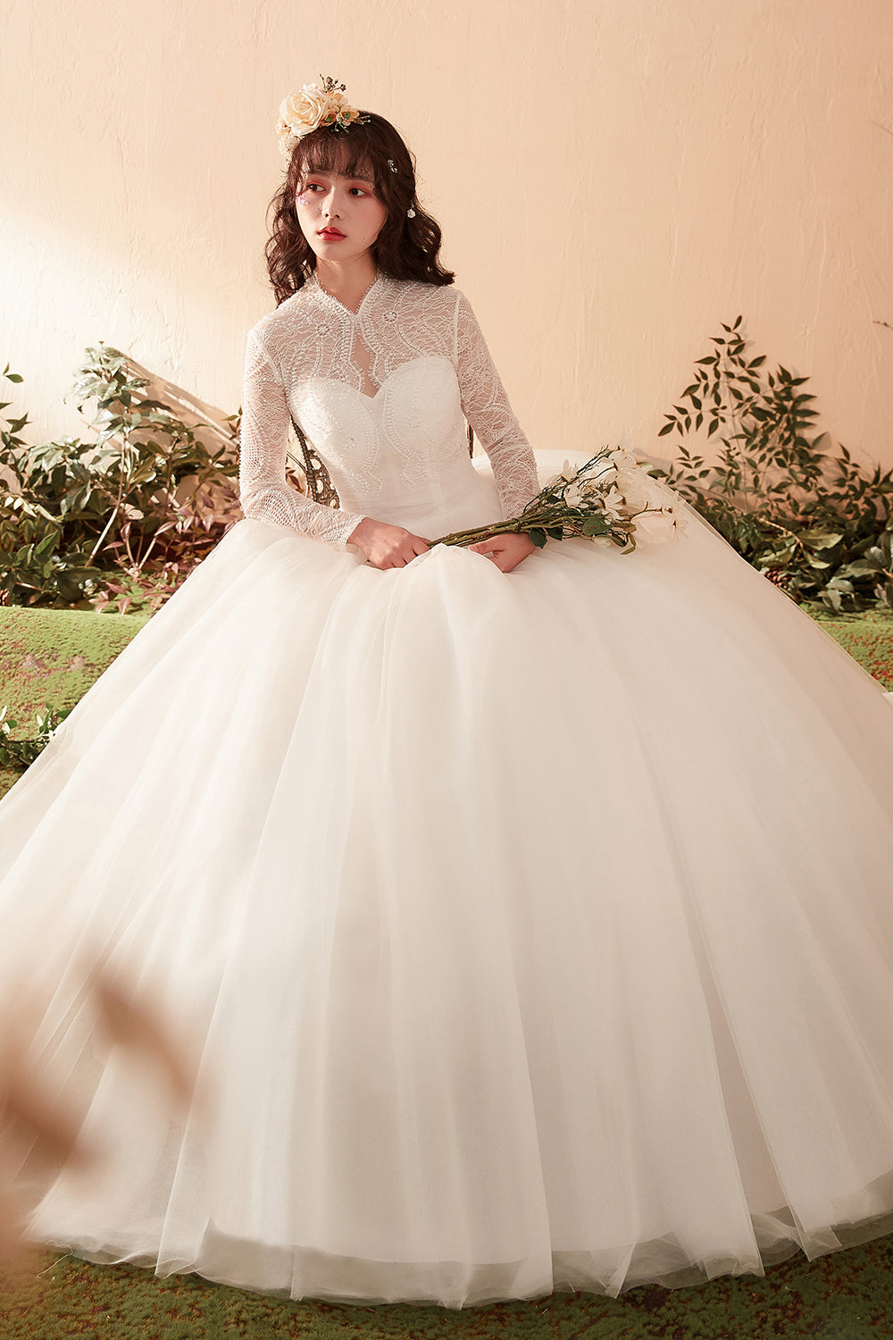 Timeless Graceful High-Neck Lace Bridal Gown with Long Sleeves