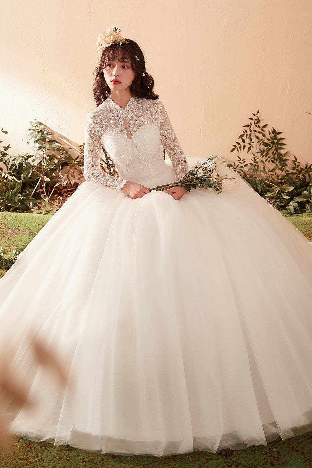 Timeless Graceful High-Neck Lace Bridal Gown with Long Sleeves