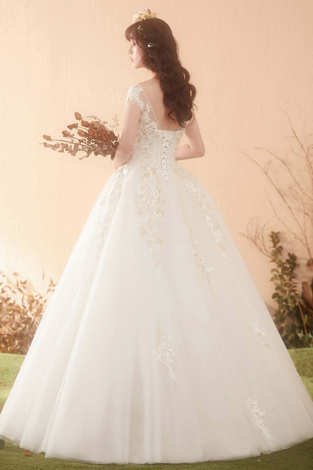 Elegant Floral Lace Ball Gown Wedding Dress with Illusion Neckline