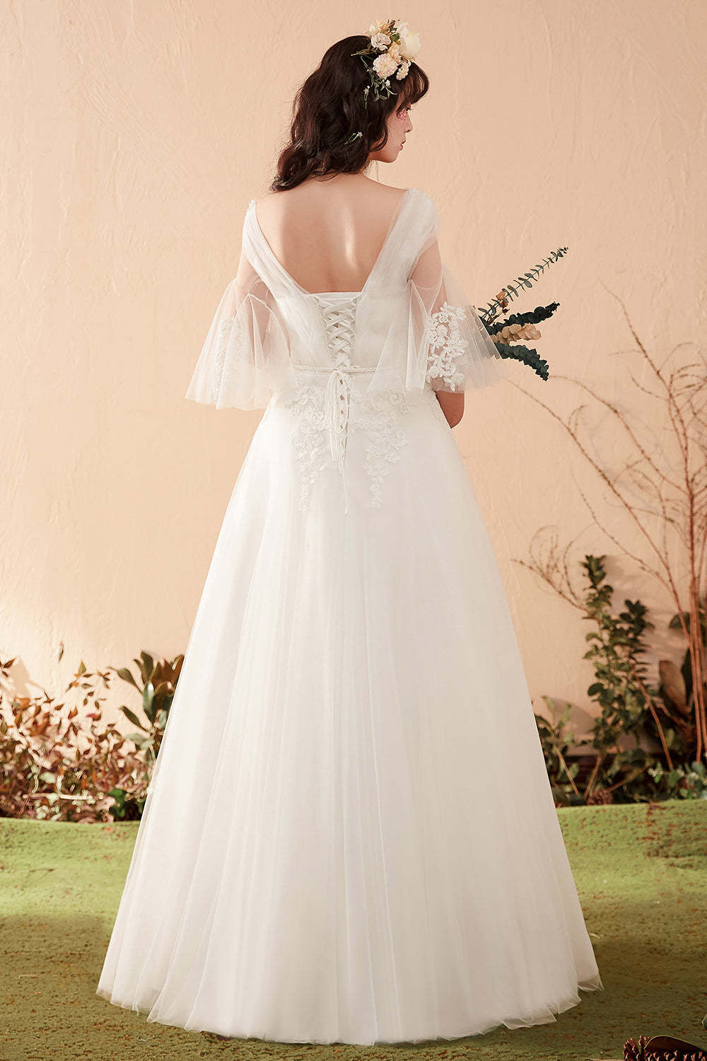 Romantic A-Line Wedding Dress with Illusion Neckline and Bell Sleeves