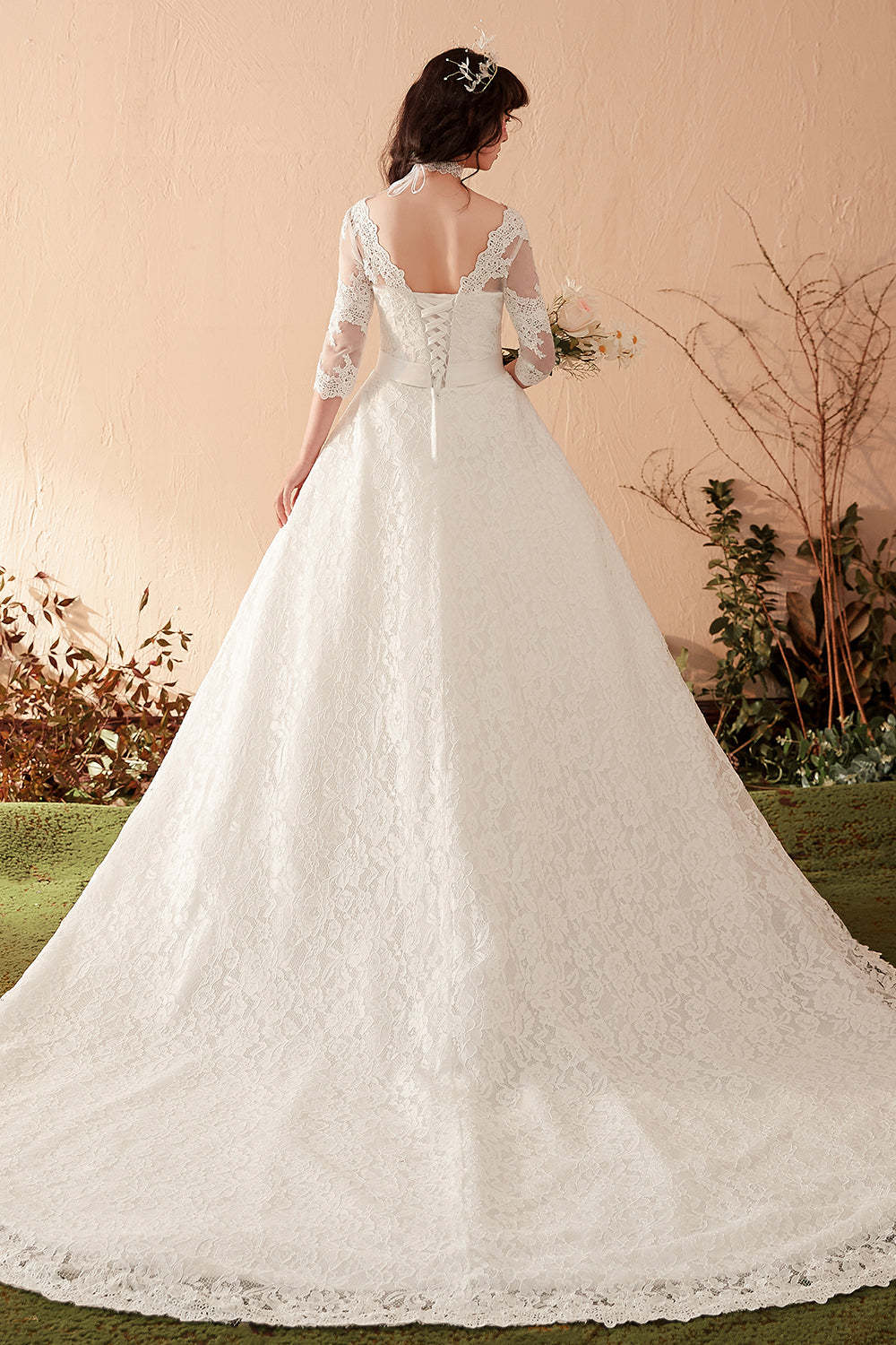 Graceful Lace Overlay A-Line Wedding Dress with 3/4 Sleeves