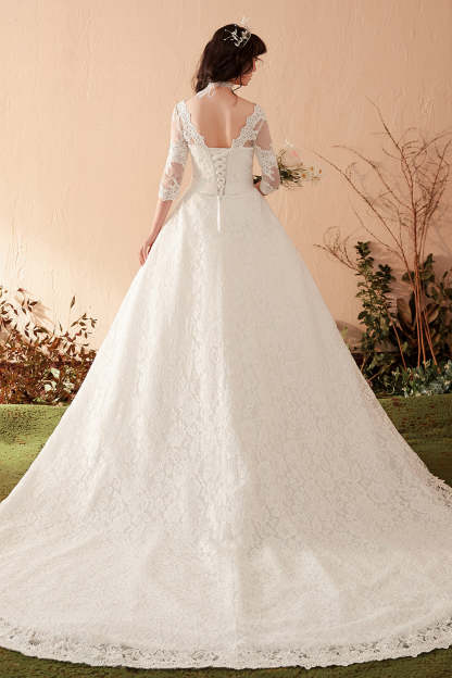 Graceful Lace Overlay A-Line Wedding Dress with 3/4 Sleeves