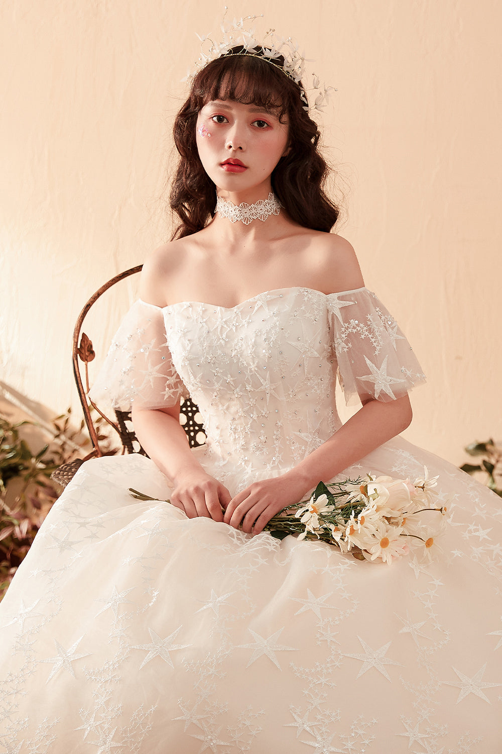 Ethereal Off-Shoulder Ball Gown Wedding Dress with Starry Embroidery