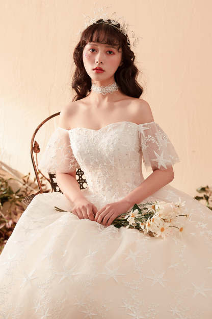 Ethereal Off-Shoulder Ball Gown Wedding Dress with Starry Embroidery