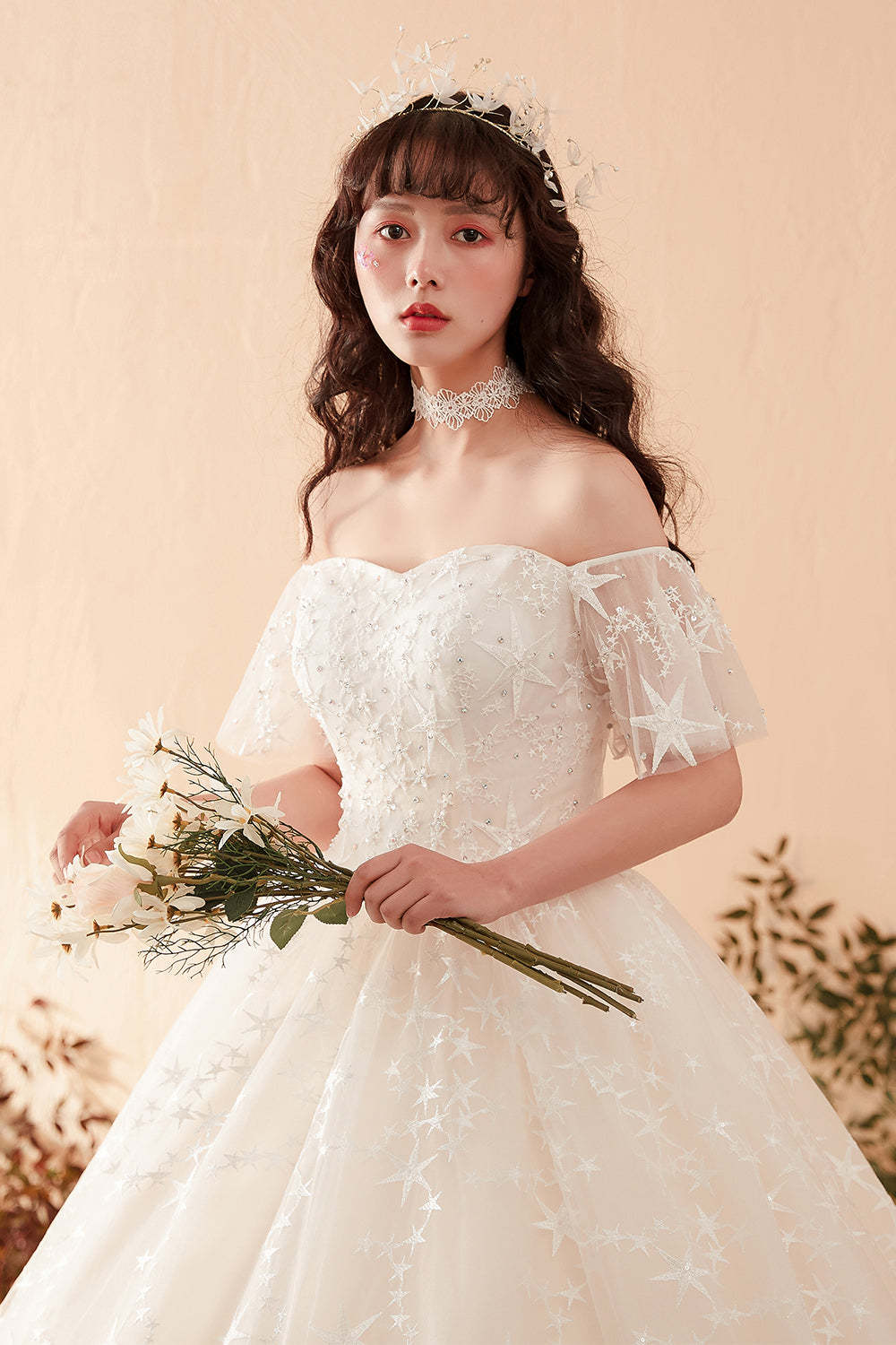 Ethereal Off-Shoulder Ball Gown Wedding Dress with Starry Embroidery