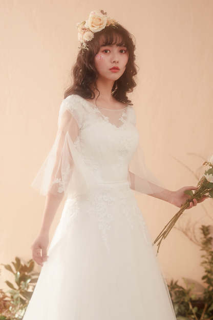 Romantic A-Line Wedding Dress with Illusion Neckline and Bell Sleeves