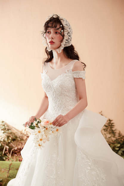 Elegant Off-Shoulder A-Line Wedding Gown with Lace Embroidery