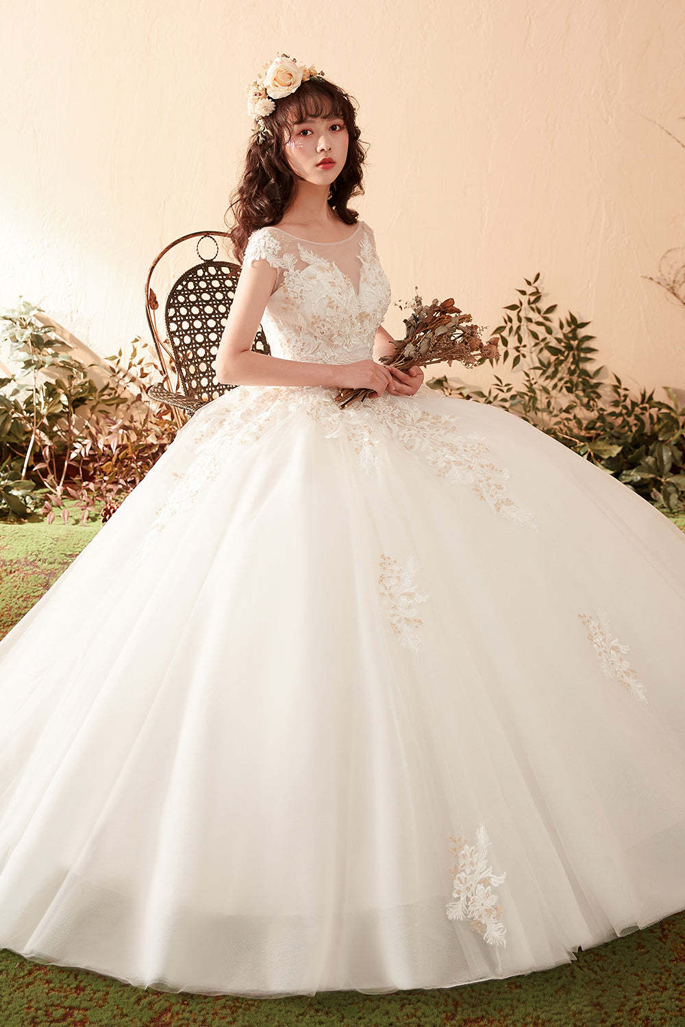 Elegant Floral Lace Ball Gown Wedding Dress with Illusion Neckline