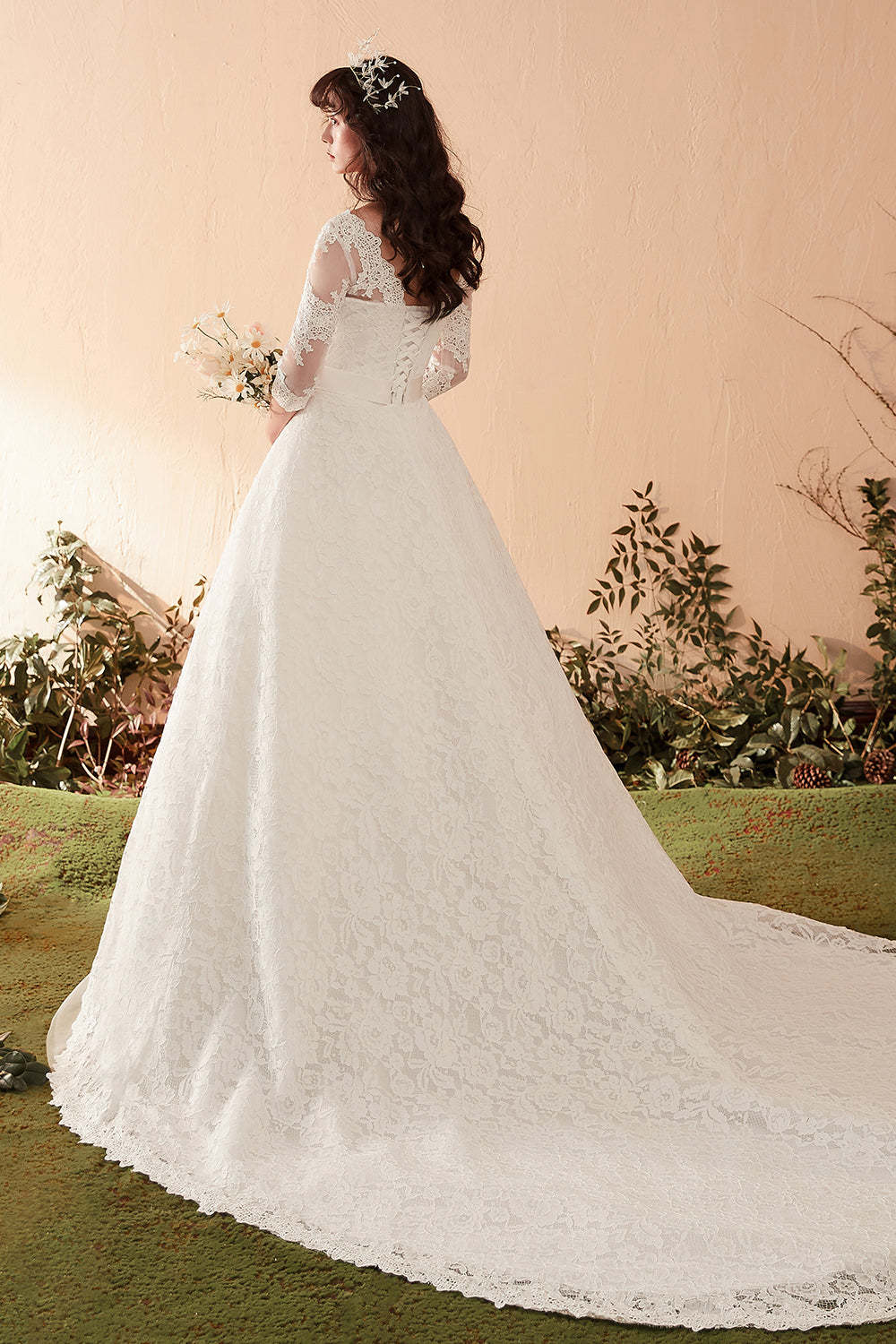 Graceful Lace Overlay A-Line Wedding Dress with 3/4 Sleeves