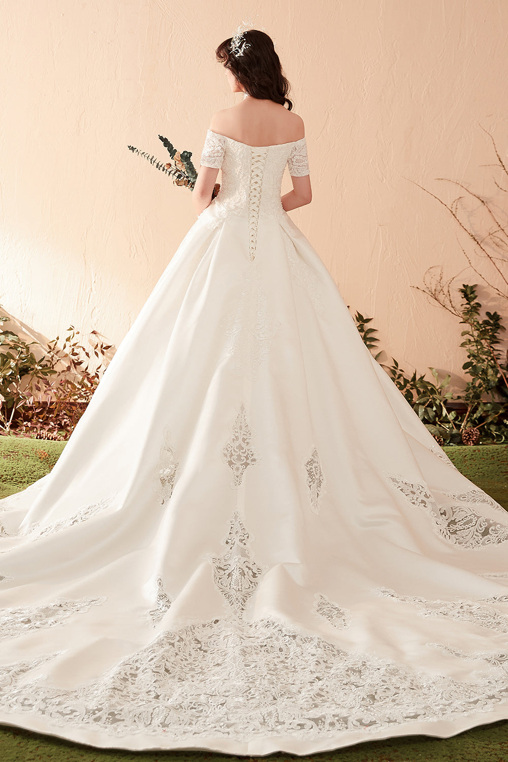 Luxurious Off-Shoulder Satin Ball Gown Wedding Dress with Exquisite Lace Appliques