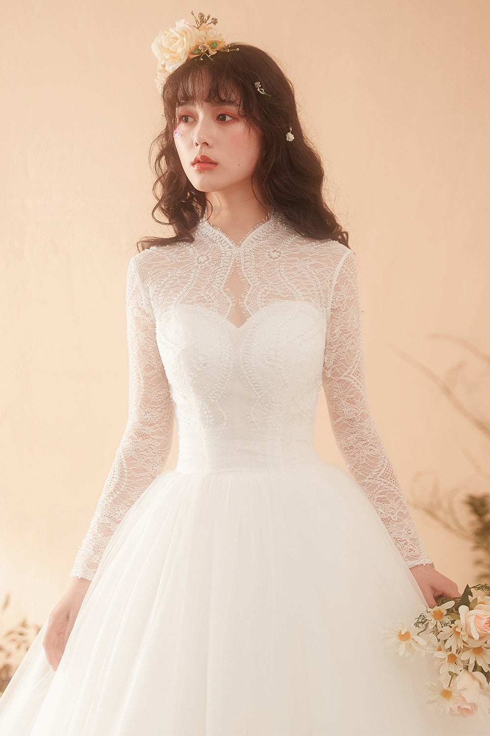 Timeless Graceful High-Neck Lace Bridal Gown with Long Sleeves