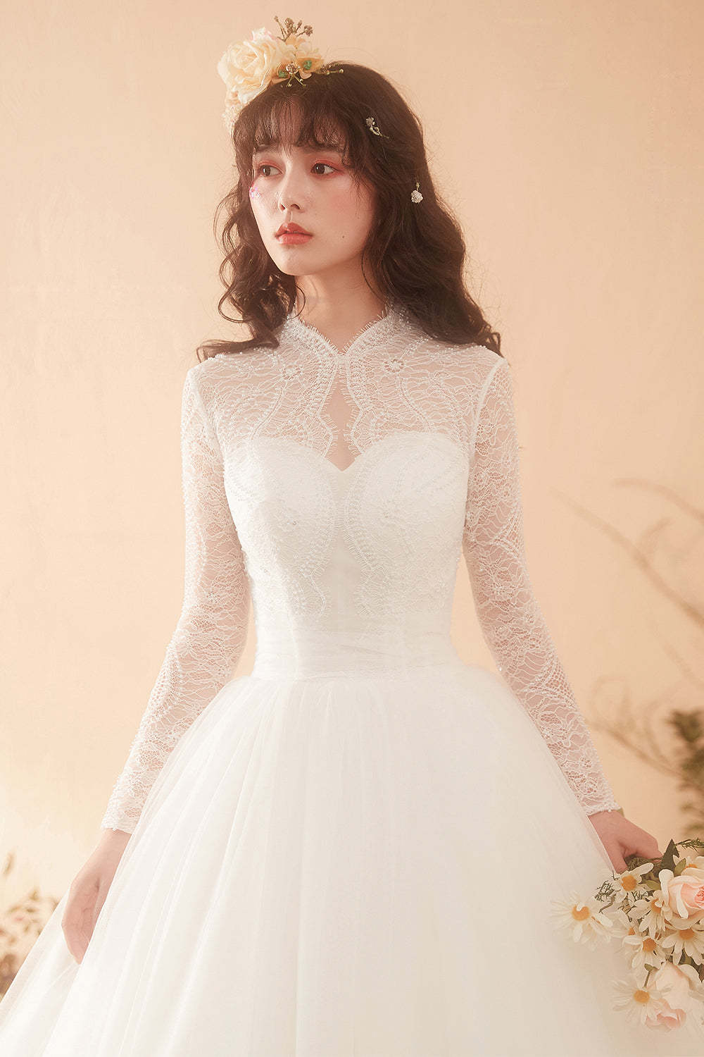 Timeless Graceful High-Neck Lace Bridal Gown with Long Sleeves