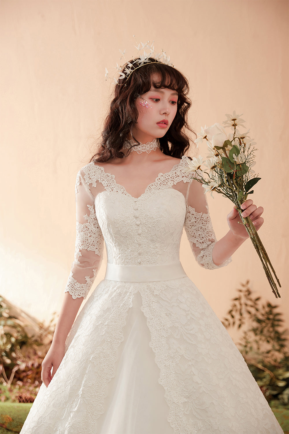 Graceful Lace Overlay A-Line Wedding Dress with 3/4 Sleeves