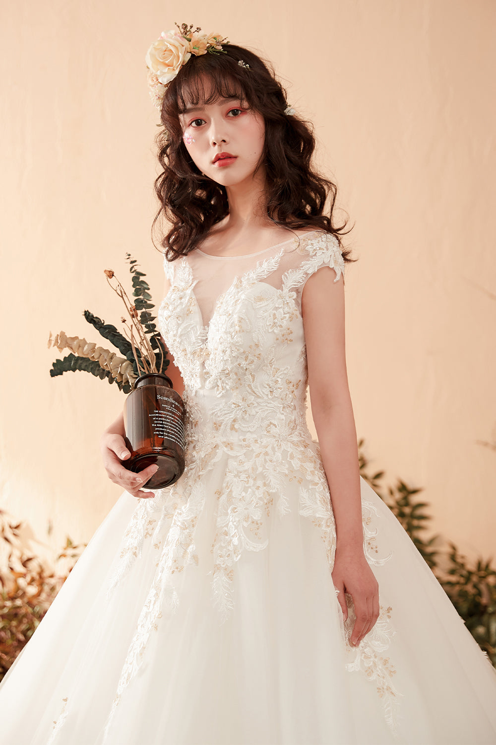 Elegant Floral Lace Ball Gown Wedding Dress with Illusion Neckline