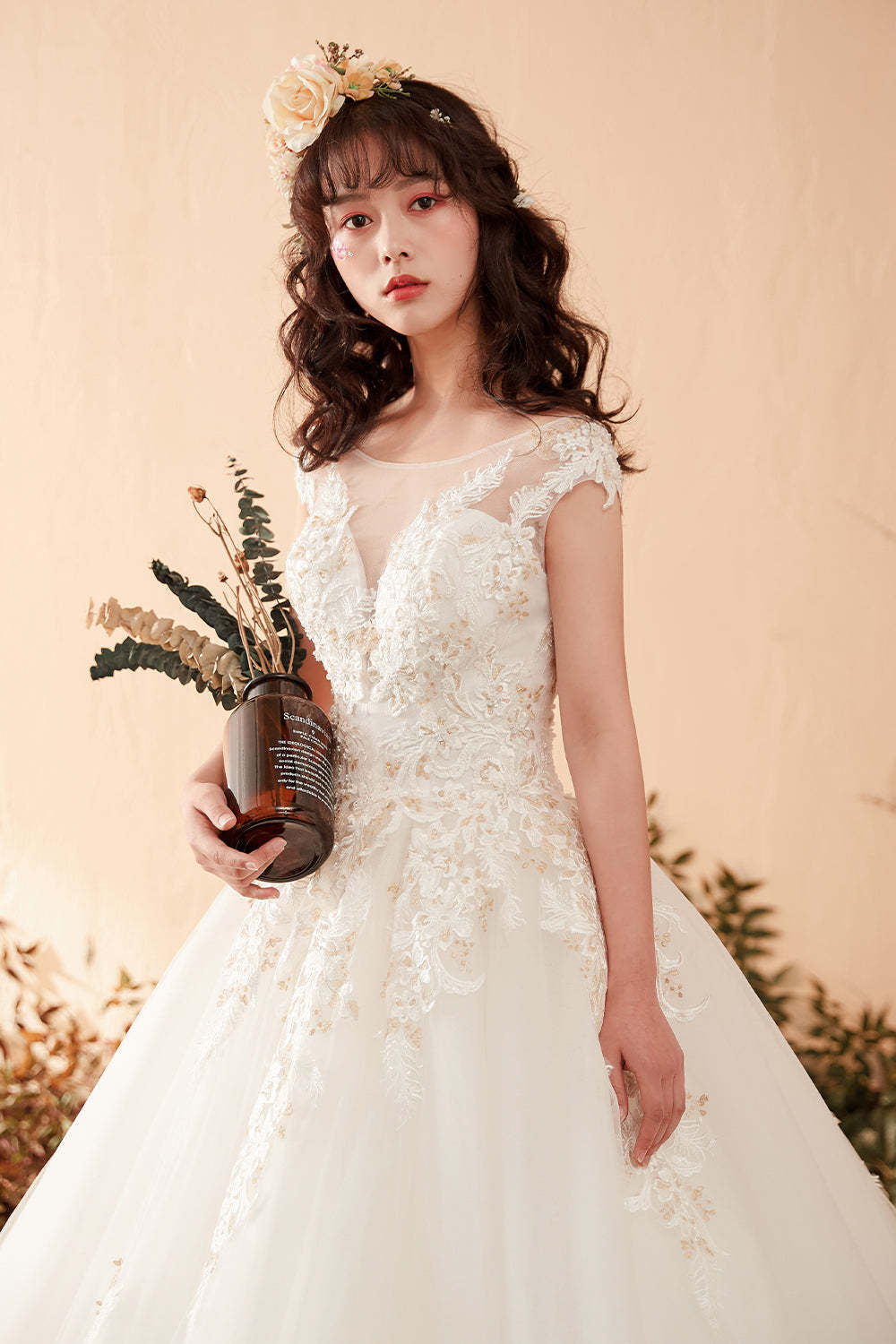 Elegant Floral Lace Ball Gown Wedding Dress with Illusion Neckline