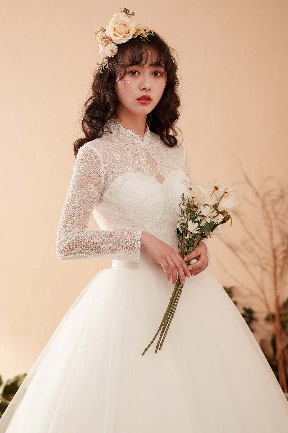 Timeless Graceful High-Neck Lace Bridal Gown with Long Sleeves