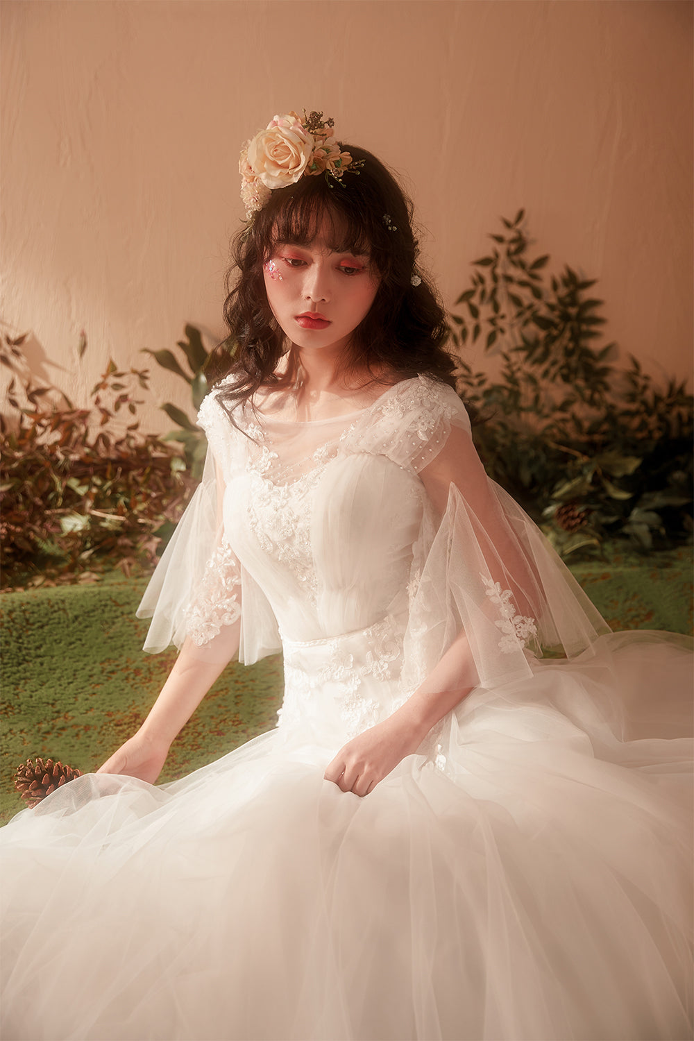 Romantic A-Line Wedding Dress with Illusion Neckline and Bell Sleeves